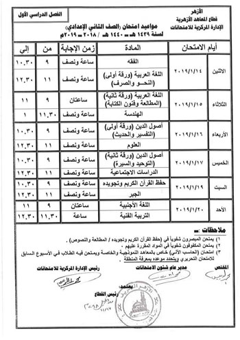 جدول امتحانات الفصل الدراسى  (13)