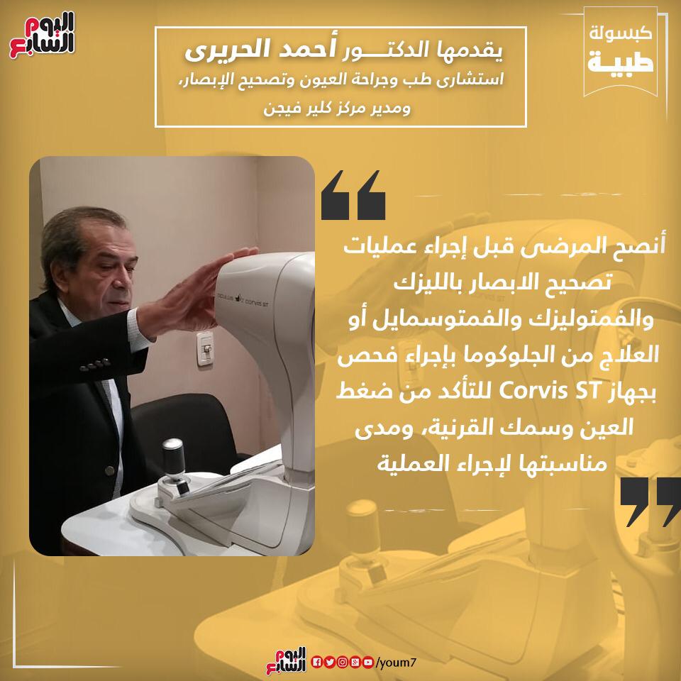 إنفوجراف دكتور أحمد الحريرى يقدم نصيحة طبية قبل عمليات تصحيح الإبصار