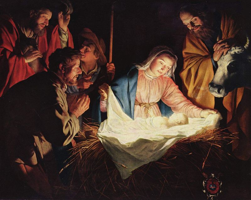 لوحة ميلاد يسوع، تظهر الطفل ومريم ويوسف والرعاة. بريشة هونثروست، 1622