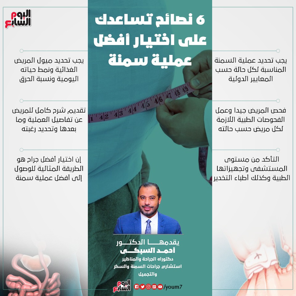 طبيب السمنة إنفوجراف دكتور أحمد السبكى يقدم نصائح طبية لاختيار أفضل جراح