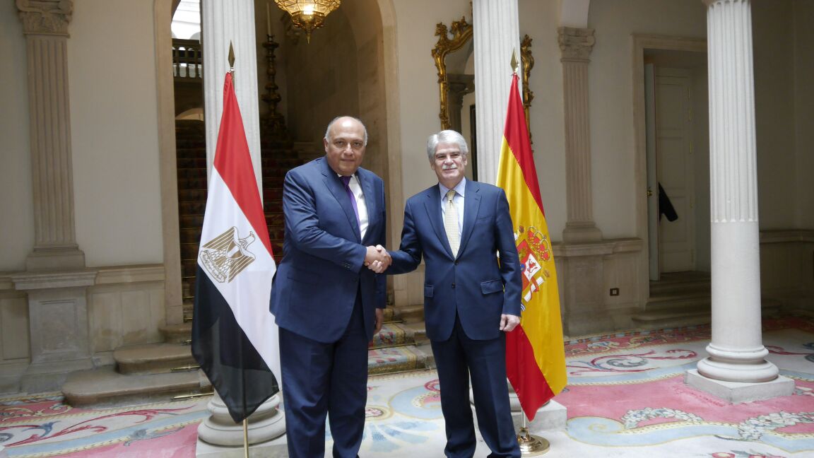 وزير الخارجية سامح شكرى خلال لقاء نظيره الإسبانى فى مدريد