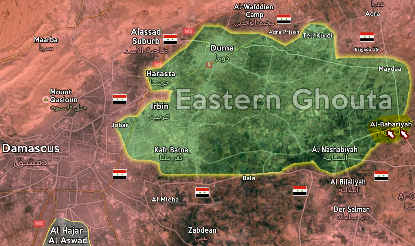 خريطة الغوطة الشرقية - الأحمر قوات الحكومة والأخضر العناصر المسلحة