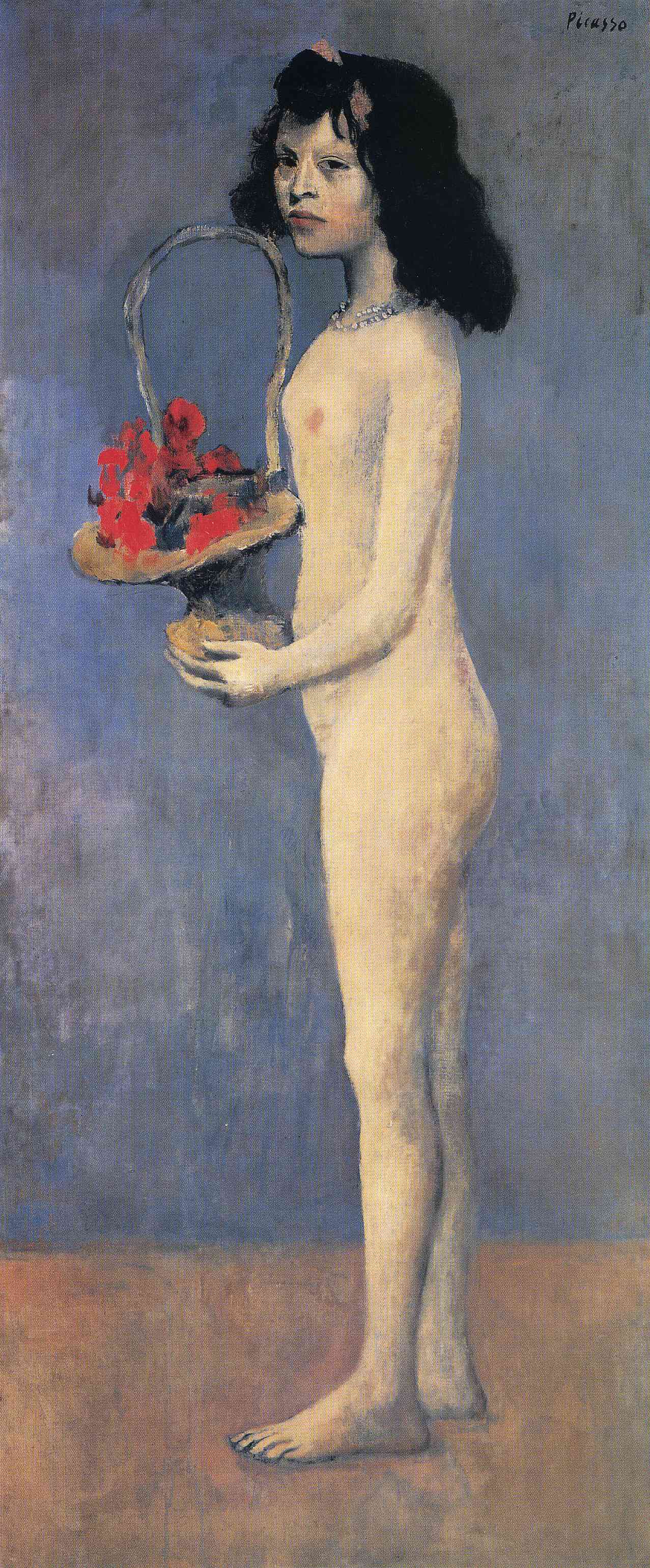 لوحة فتاة عارية حزينة فى يدها سلة زهور بتوقيع بيكاسو