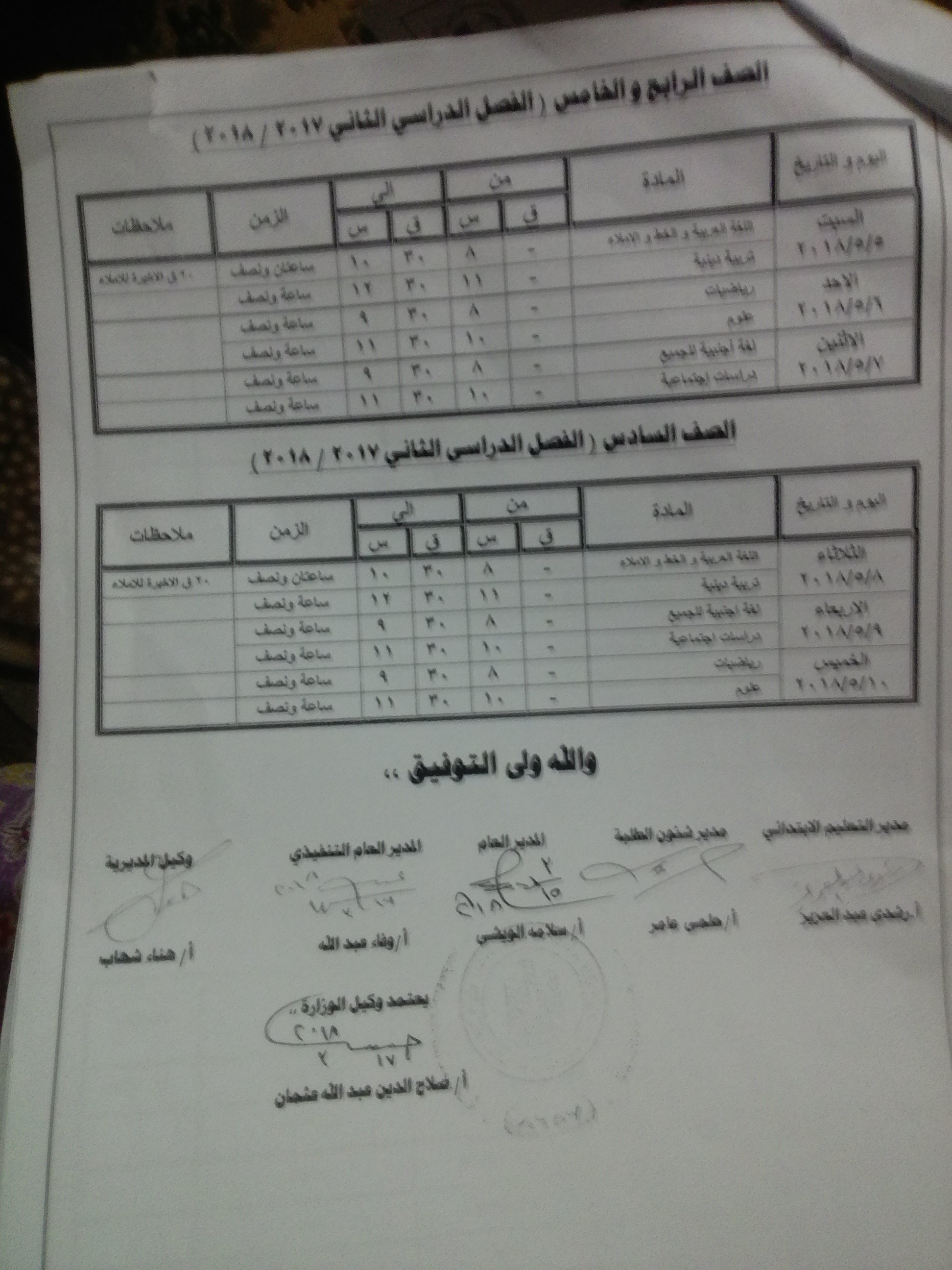 2- جدول الصف الرابع والخامس والسادس الإبتدائي