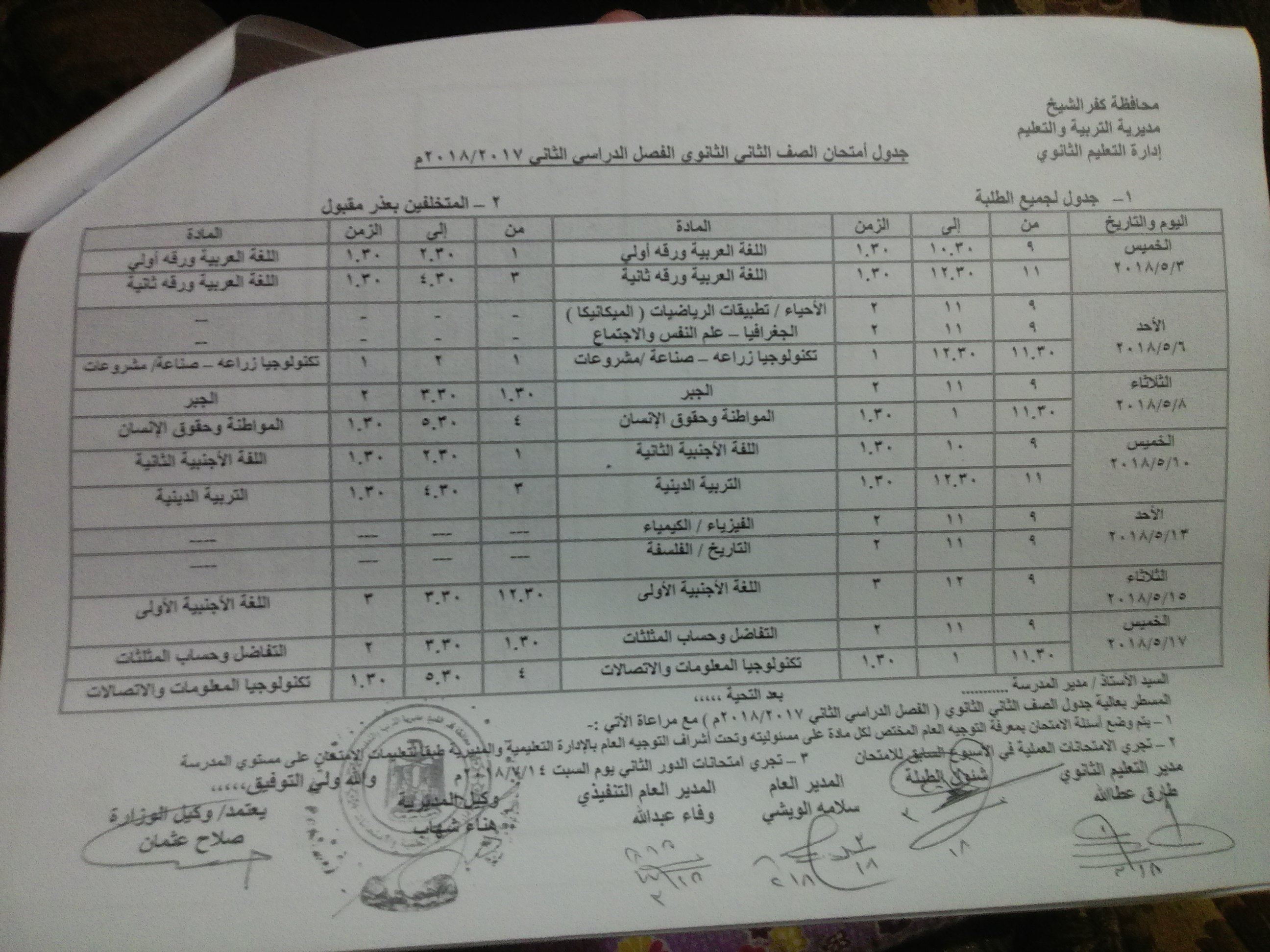 6- جدول الصف الثاني الثانوي