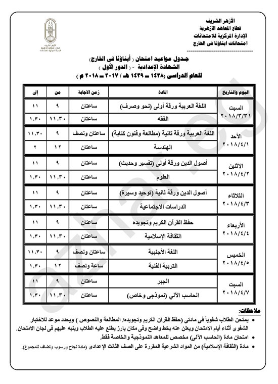 المعاهد الأزهرية تعلن جداول امتحانات وأرقام جلوس أبناؤنا فى الخارج اليوم السابع