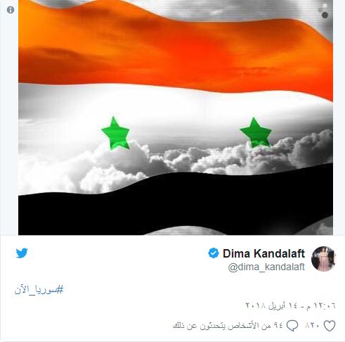 الممثلة والمطربة ديمة قندلفت تنشر صورة علم سوريا