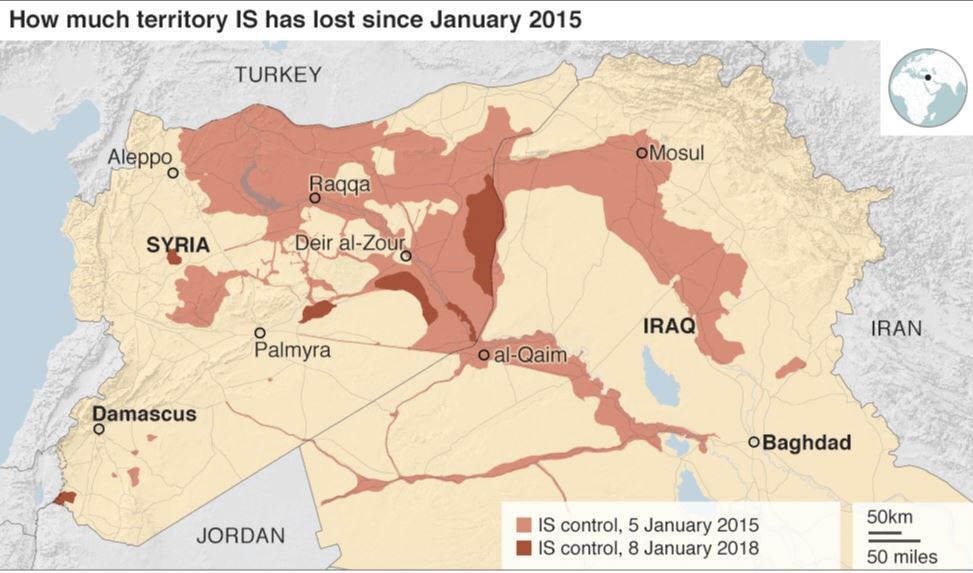 مناطق نفوذ داعش فى عامى  2015 و 2018