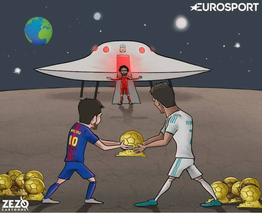 كاريكاتير محمد صلاح يخطف الكرة الذهبية من رونالدو وميسى