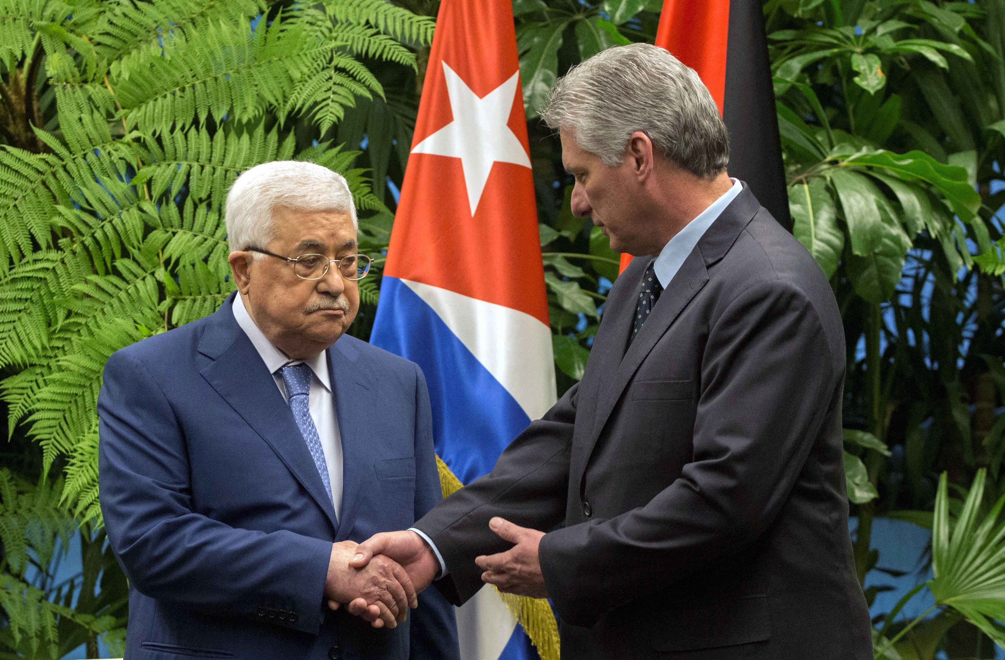 الرئيس الكوبى يصافح نظيره الفلسطينى