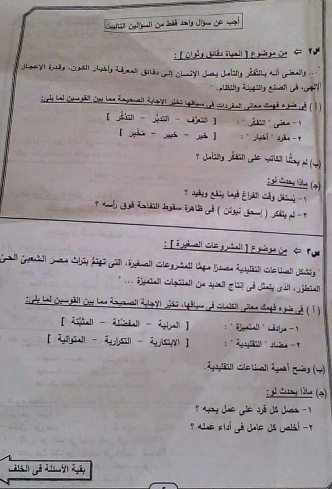 ورقة امتحان اللغة العربية 2