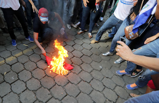 المحتجون يشعلون النار فى علم الحزب الحاكم