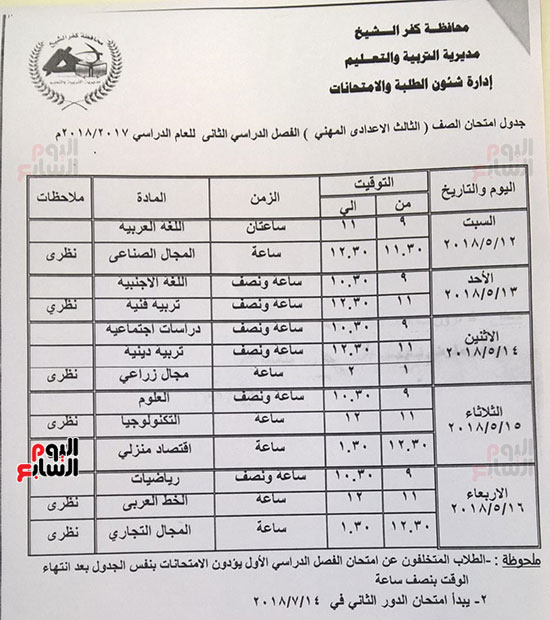 جدول الإعدادية المهنية 