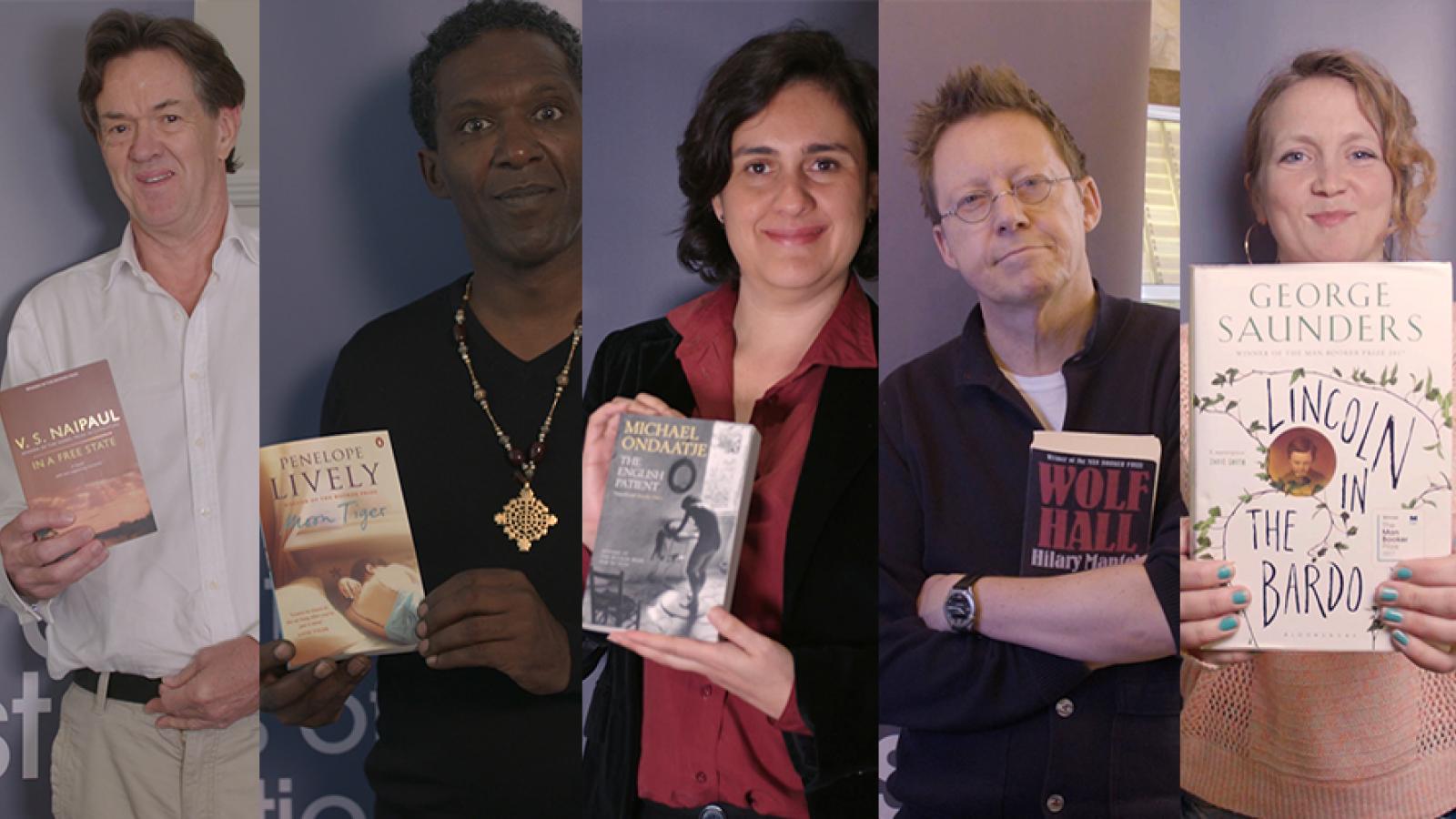 أعضاء لجنة تحكيم جائزة مان بوكر الذهبية للرواية 2018 مع روايات القائمة القصيرة