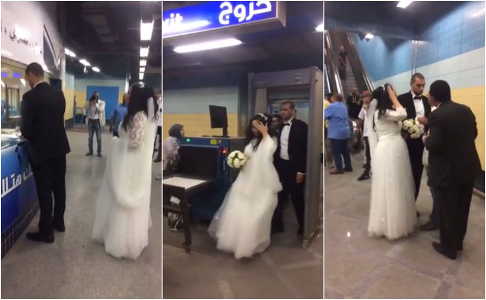عروسان يحتفلان بزفافهما فى مترو أرض المعارض