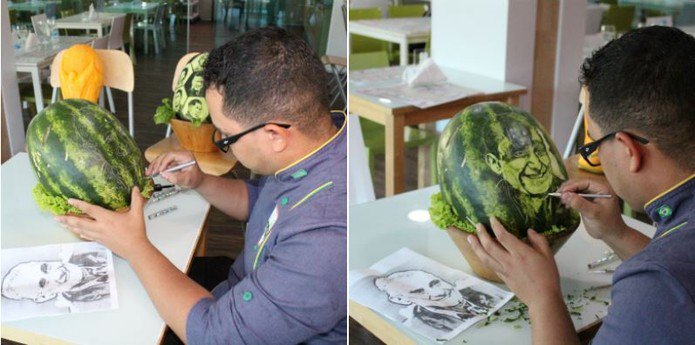 الفنان ماتوس خلال نحت مدرب البرازيل على البطيخ