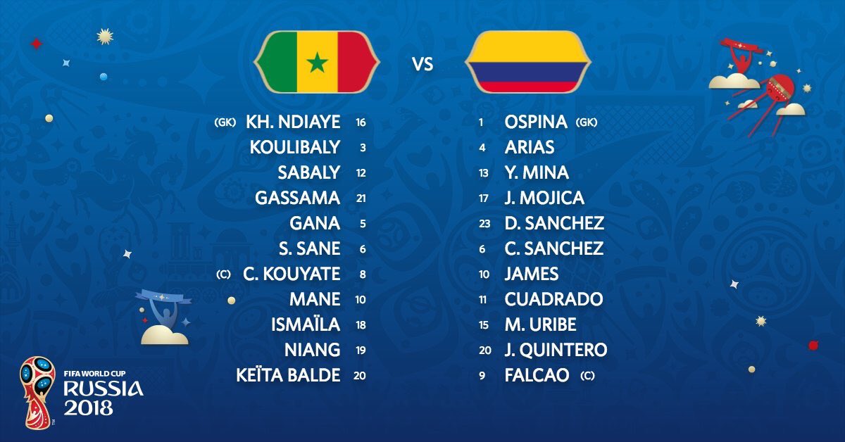 تشكيل مباراة السنغال وكولومبيا