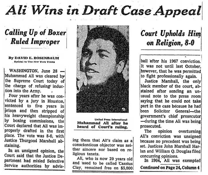 صحيفة النيويورك تايمز تنشر خبر إلغاء الحكم على محمد علي كلاي  في السبعينيات