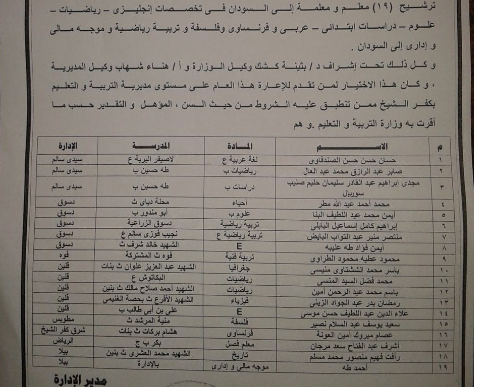 2-اعارة 19 معلما   ومعلمه من كفر الشيخ لدولة السودان