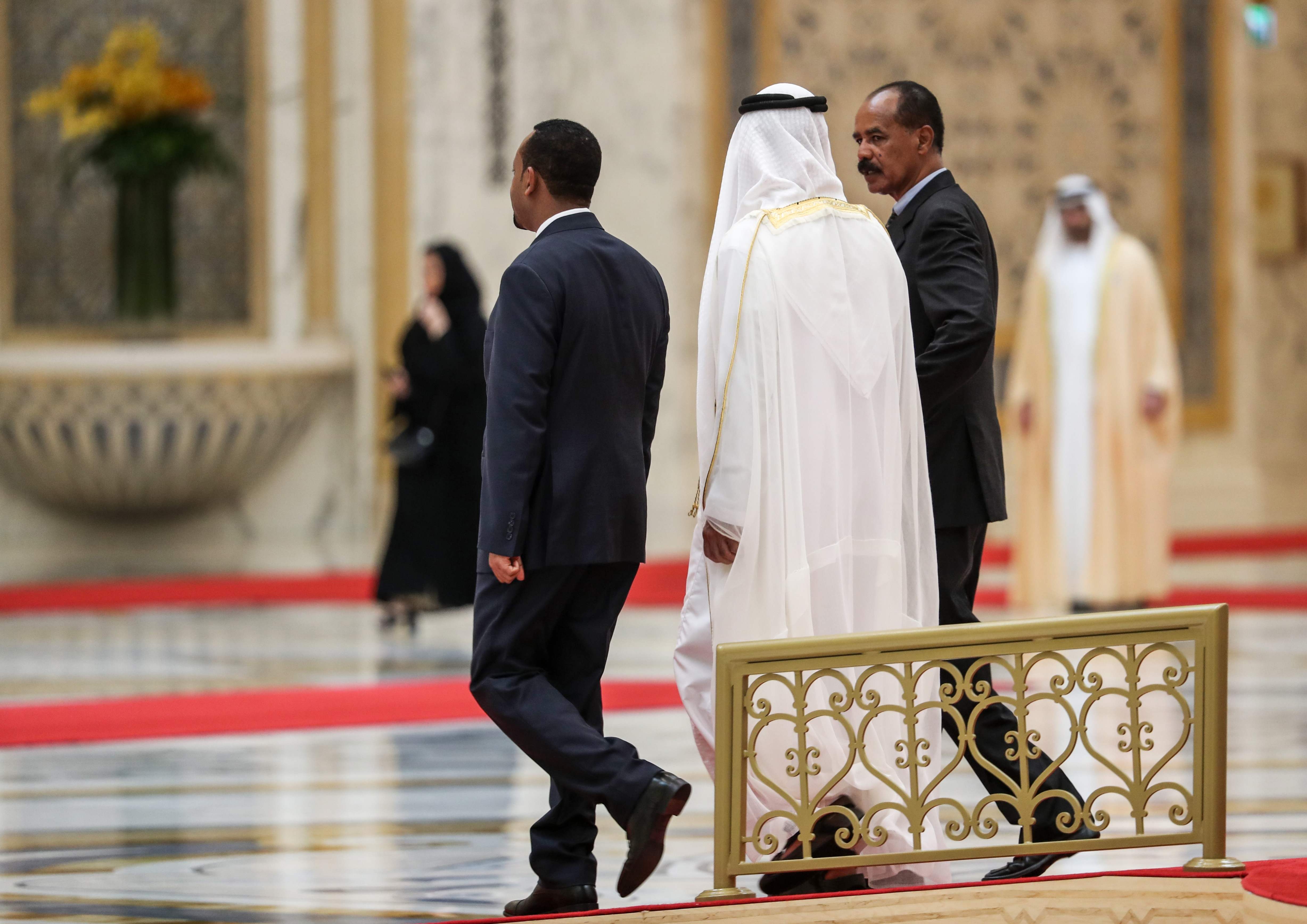 رئيس وزراء إثيوبيا يصافح أحد المسؤولين الإماراتيين