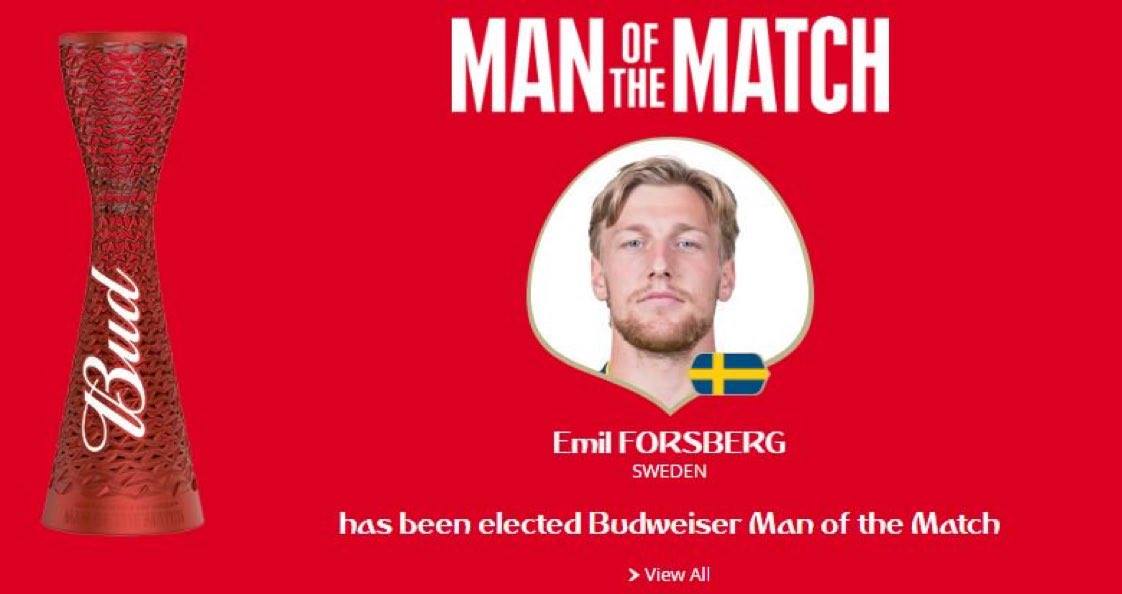 فورسبيرج أفضل لاعب فى مباراة السويد وسويسرا
