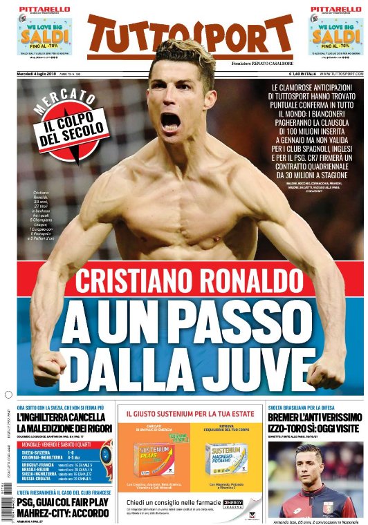 كريستيانو رونالدو يتصدر غلاف صحيفة توتو سبورت