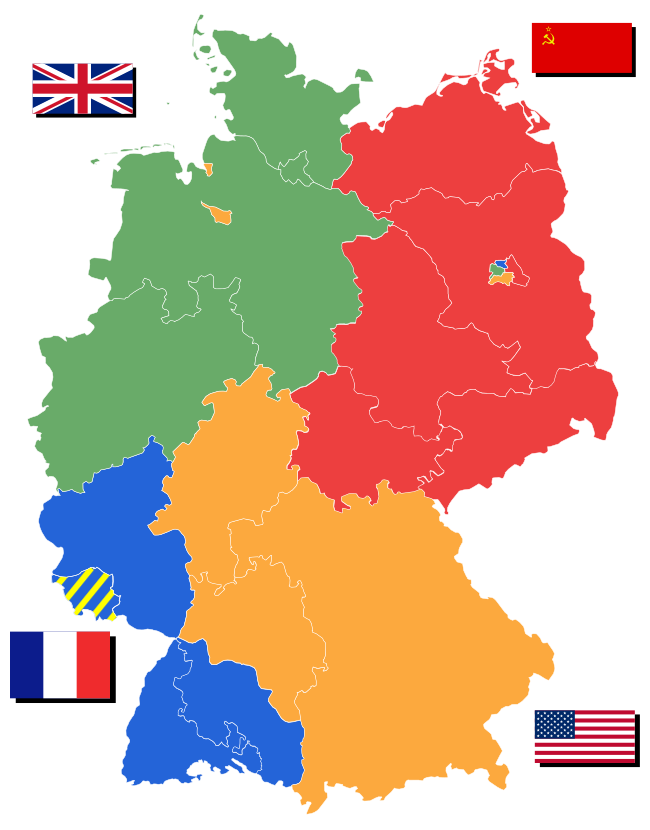 خريطه بتبين تقسيم المانيا بين الاتحاد السوفييتى و امريكا و فرنسا و انجلترا.