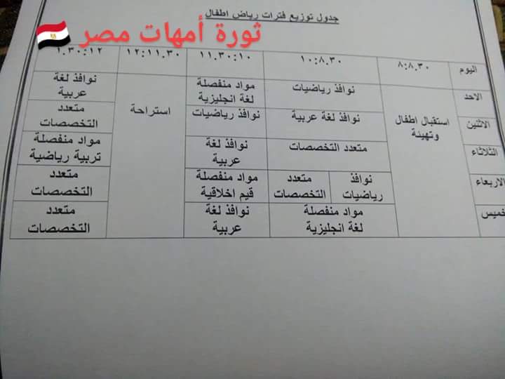 صفحات أولياء الأمور تنشر صورة لجدول اليوم الدراسى لرياض الأطفال بالنظام الجديد