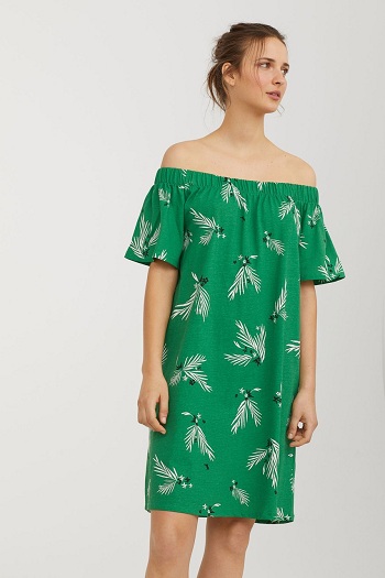 فستان أوف شولدر أخضر منقوش