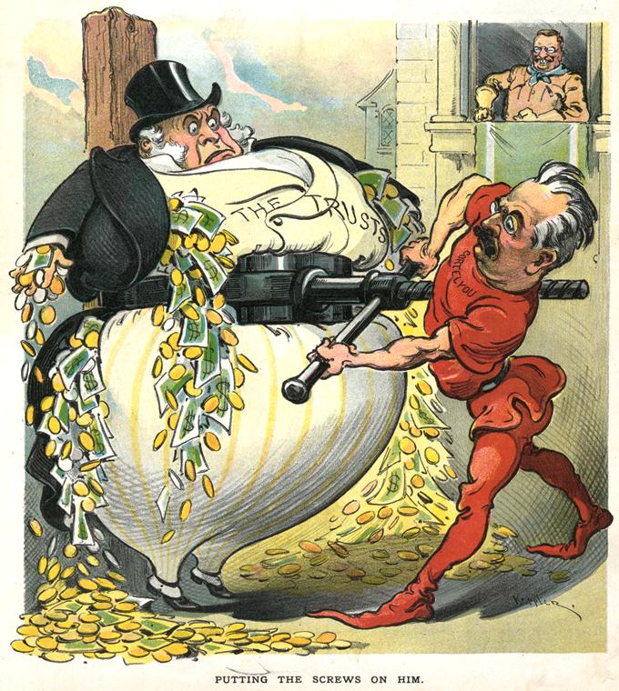 كاريكاتير قديم حول صراع روزفلت مع الشركات الكبرى