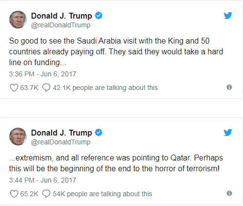 تغريدات ترامب لدعم الإجراءات التى اتخذتها الدول العربية ضد قطر