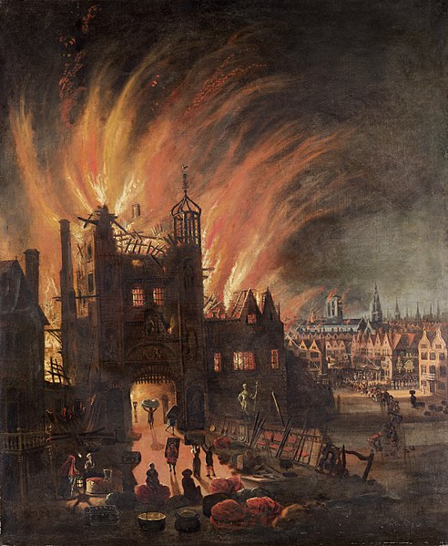 لوحة زيتية تصور النيران فى بوابة لدجيت فى أقصى غرب المدينة