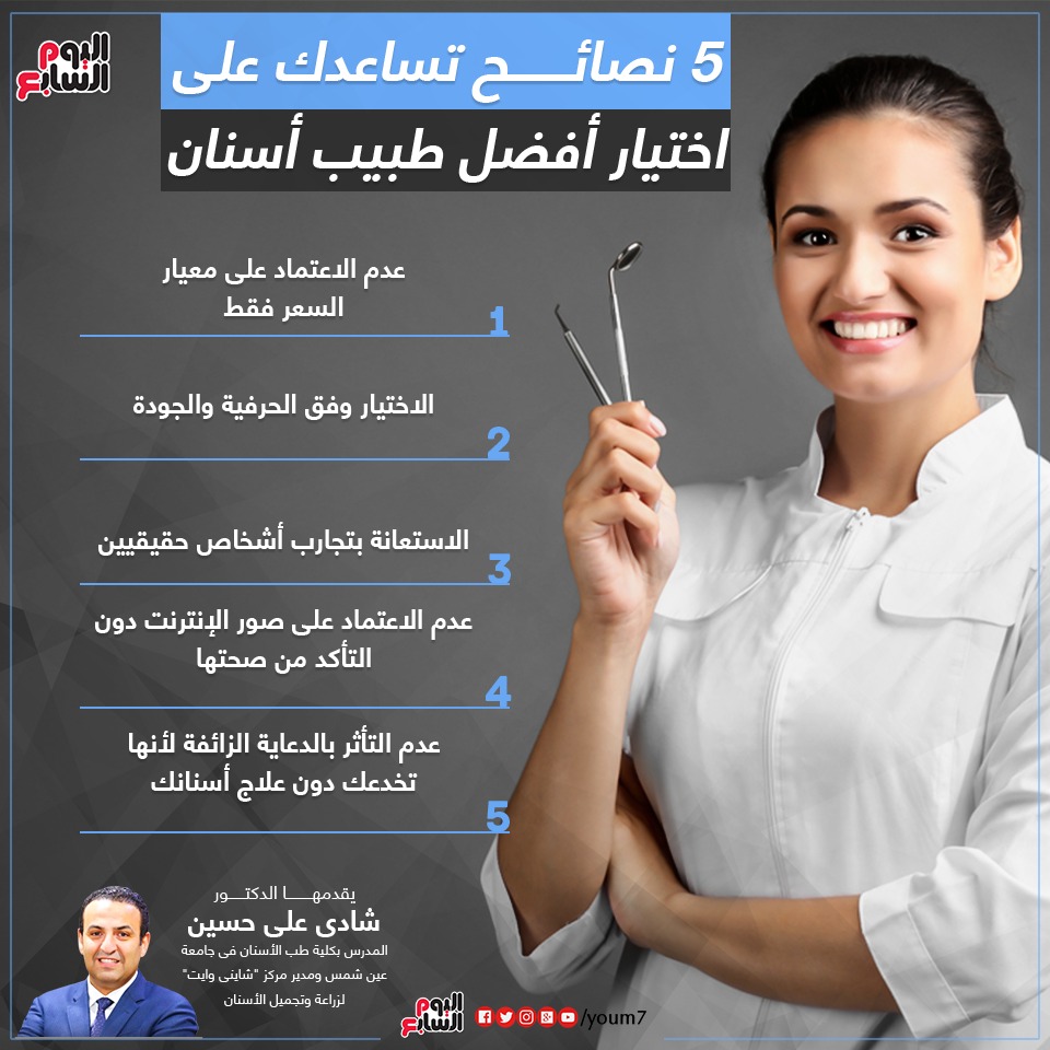 إنفوجراف للدكتور شادى على حسين يتضمن نصائح لحسن اختيار طبيب الأسنان