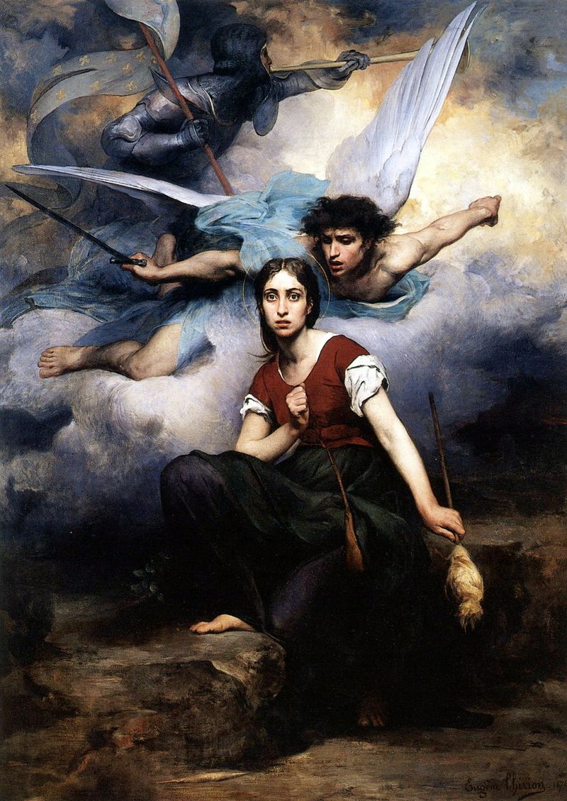 جان دارك، بريشة يوجين ثيريون (1876)، تُظهرُ الفتاة اليافعة في رؤيا مع رئيس الملائكة ميخائيل