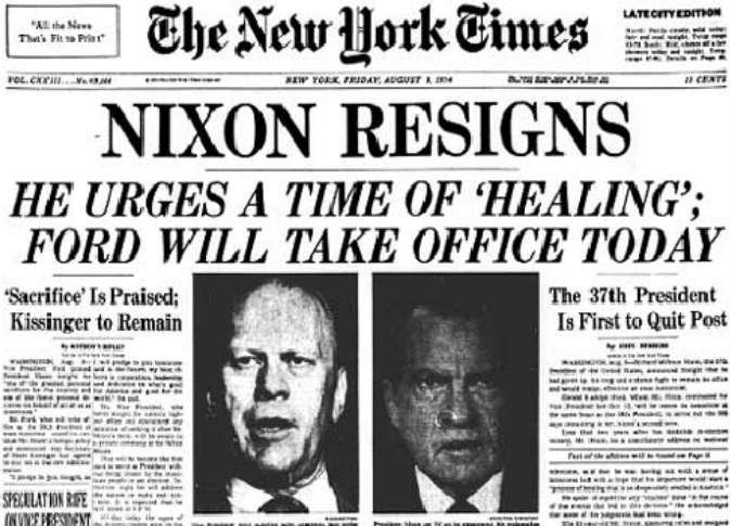 نيكسون يستقيل.. مانشيت صحيفة نيويورك تايمز بعد استقالة الرئيس الأسبق