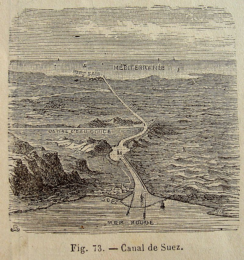 رسم قديم يظهر مسار قناة السويس من جهة السويس