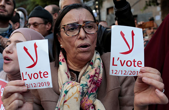 امرأة تحمل لافتات احتجاج على رفض انتخابات ديسمبر الرئاسية في الجزائر