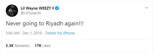 ليل واين يطلق تغريدة مثيرة للجدل بعد حفله فى السعودية