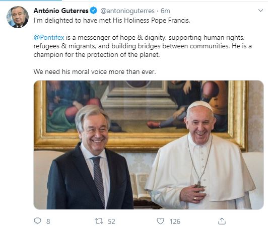 الأمين العام للأمم المتحدة يشيد بلقائه مع بابا الفاتيكان