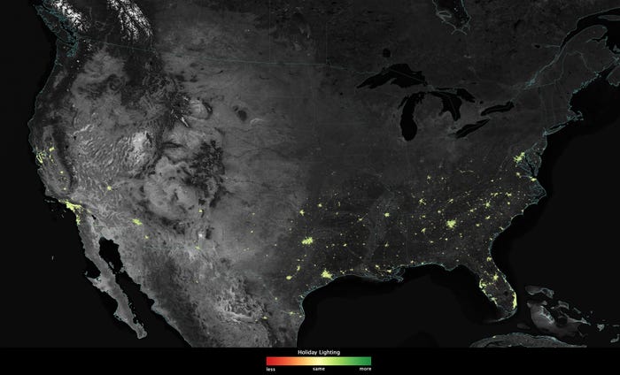 صورة للولايات المتحدة ، يمثل اللون الأخضر المناطق التي كان فيها المزيد من الضوء في ديسمبر مقارنة بباقي العام.