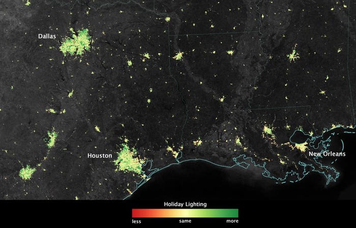 كانت أضواء عيد الميلاد أكثر كثافة في ضواحي المدن الكبرى. نمت تلك المناطق 30 ٪ إلى 50 ٪ أكثر إشراقا في ديسمبر كانون الاول.