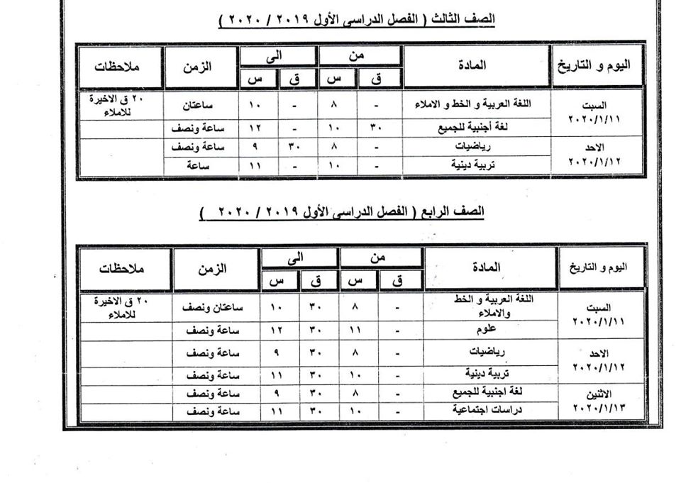 1- جدول امتحان الفصل الدراسي الاول للصف الثالث والرابع الابتدائي