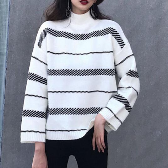 My-own-way-Korean-style-2019-fashionable-rabbit-velvet-striped-half-neck-sweater-ladies-trend-casual