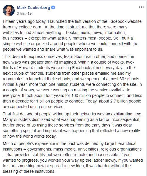 بيان مارك زوكربيرج عن نشأة فيس بوك