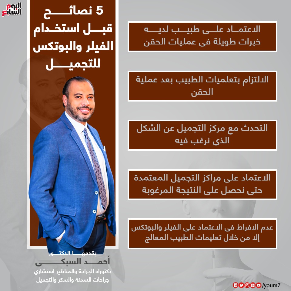 إنفو جراف للدكتور أحمد السبكى يتضمن نصائح طبية عند استخدام الفيلر