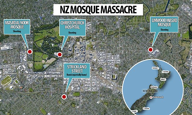 خريطة لموقعى المسجدين المستهدفين فى العمل الإرهابى بنيوزيلندا