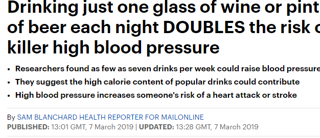 تناول كوب من الكحول يوميا يزيد خطر الاصابة بضغط الدم