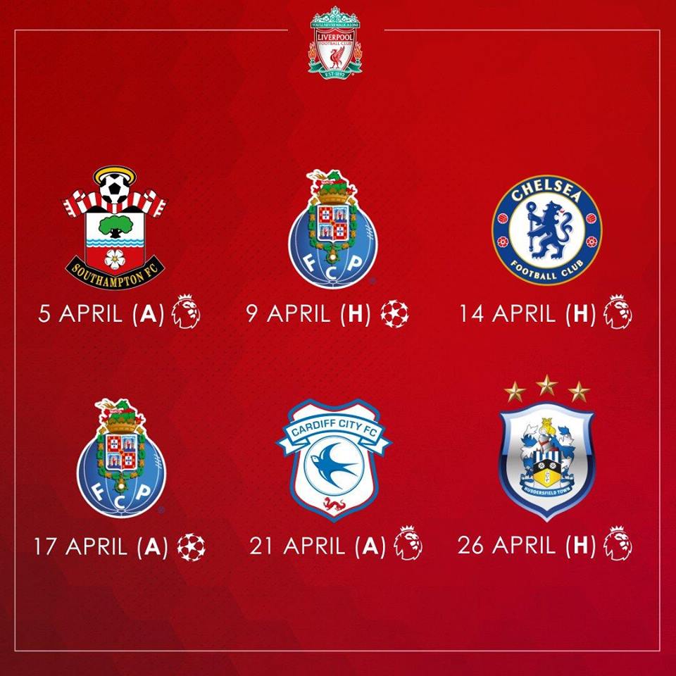 مباريات ليفربول خلال شهر أبريل الجارى