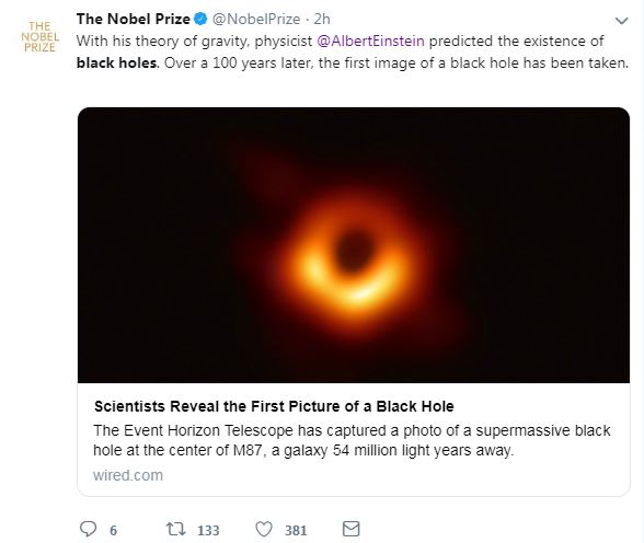 جائزة نوبل تعلق على التقاط أول صورة لأثر الثقب الأسود