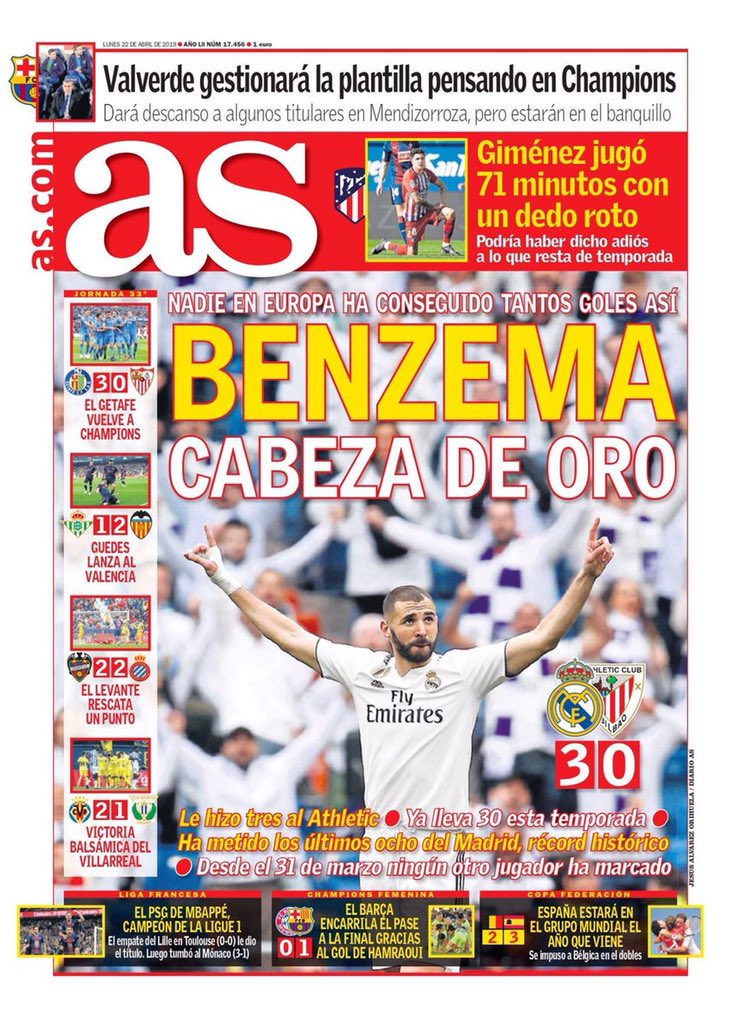 كريم بنزيما يتصدر غلاف صحيفة آس الاسبانية